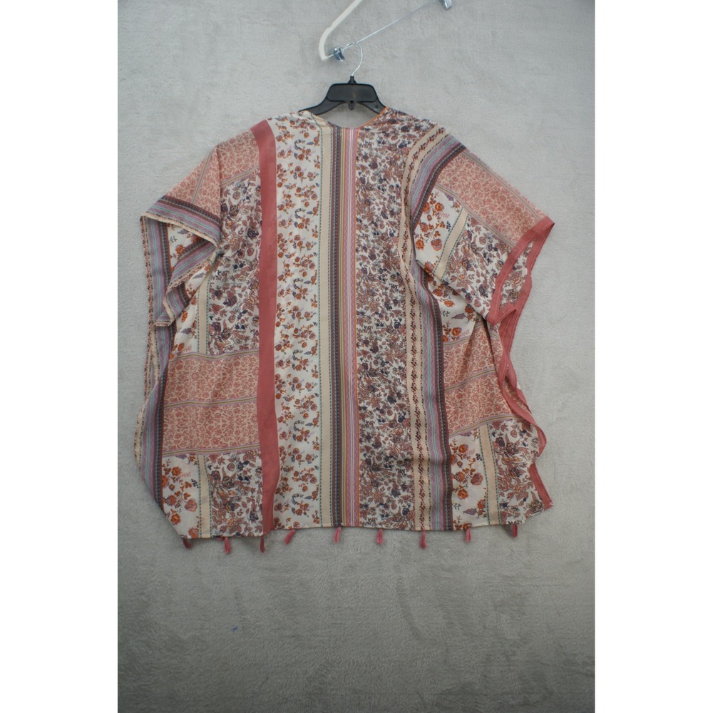 Ultra Pink Womens 1X Kimono Wrap Multi Color Floral Patchwork Tassel Trim Open